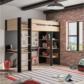 Epiplo World Κρεβάτι μονό ψηλό με γραφείο & βιβλιοθήκη Duplex Mezzanine 210x109x192εκ. Black - Natural BEST-1534877