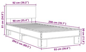 Πλαίσιο Κρεβατιού Καπνιστή Δρυς 90x200 εκ. Επεξ. Ξύλο &amp; Μέταλλο - Καφέ