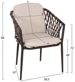 Καρέκλα - Πολυθρόνα BOLLY C6080 Καφέ Συνθετικό Rattan με Μπέζ Μαξιλάρια 58,5x67x86Υεκ 4αδα 58.5x67x86 εκ.