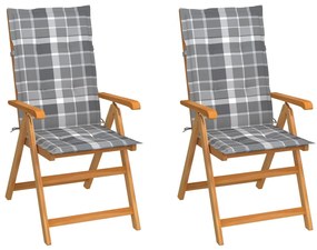 vidaXL Καρέκλες Κήπου 2 τεμ. από Μασίφ Ξύλο Teak & Γκρι Καρό Μαξιλάρια