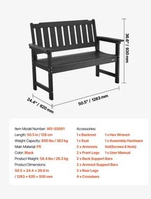 VEVOR Outdoor Bench Patio Bench 128 cm Weatherproof Plastic Frame 363 kg Black