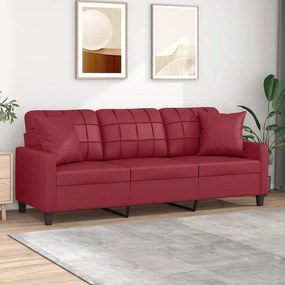 Καναπές Τριθέσιος Μπορντό 180 εκ. Συνθετικό Δέρμα με Μαξιλάρια - Κόκκινο