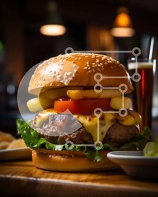 Intra Συλλεκτικό Ξύλινο Παζλ Plywood 4mm - Ζουμερό Cheeseburger με μαρούλι και ντομάτα σε ξύλινο τραπέζι Σε Ξύλινο Κουτί - Διαστάσεις: 10x10 cm – 25 κομμάτια
