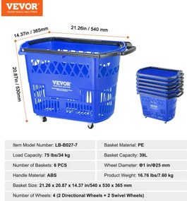 VEVOR Plastic Rolling Shopping Trolley Basket On Wheels 6PCS 39L with Handle