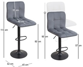 Σκαμπό μπαρ Carmelo Megapap με ρυθμιζόμενο ύψος βελούδο γκρι - βάση μαύρο ματ 45x42x90/113εκ.