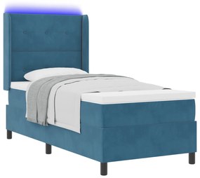 vidaXL Κρεβάτι Box Spring με Στρώμα & LED Σκούρο Μπλε 90x200 εκ Βελούδο