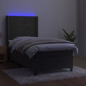 vidaXL Κρεβάτι Boxspring με Στρώμα &amp; LED Σκ. Γκρι 100x200εκ. Βελούδινο
