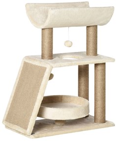 PawHut Δέντρο για γάτες, με παιχνίδι και κρεβάτι για γάτες, 60 cm x 30 cm x 76 cm, Κρεμ + Φυσικό