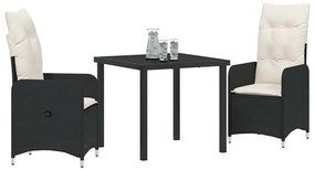 vidaXL Σέτ φαγητού για κήπο με μαξιλάρι 3 pcs Μαύρο Πολυ ράταν