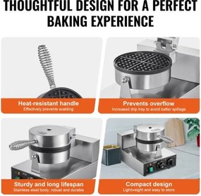 VEVOR Commercial Waffle Maker Round Waffle Iron Baker Machine Non-Stick 1230W