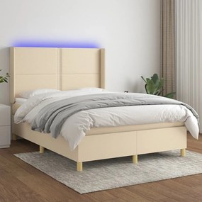 vidaXL Κρεβάτι Boxspring με Στρώμα & LED Κρεμ 140x200 εκ. Υφασμάτινο