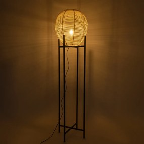GloboStar® NERINA 02016 Boho Επιδαπέδιο Φωτιστικό Μονόφωτο 1 x E27 AC220-240V IP20 - Φ40 x Υ160cm - Μαύρο Μεταλλικό με Μπεζ Ρατάν Καπέλο Πλέγμα - 5 Χρόνια Εγγύηση