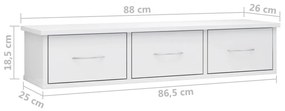 Ράφι Τοίχου με Συρτάρια Γυαλ. Λευκό 88x26x18,5 εκ. Επεξ. Ξύλο - Λευκό