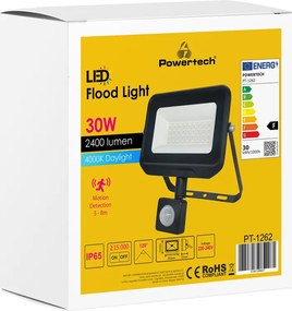 POWERTECH LED προβολέας PT-1262, με αισθητήρα κίνησης, 30W, 4000K, IP65