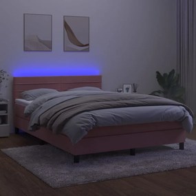 vidaXL Κρεβάτι Boxspring με Στρώμα &amp; LED Ροζ 140x190 εκ. Βελούδινο