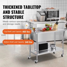 VEVOR Stainless Steel Work Table Commercial Prep Table 24x48 Inch With 4 Casters