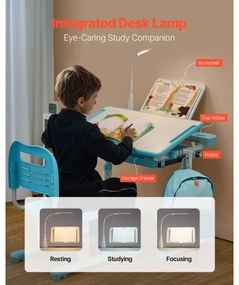 VEVOR Kids Chair and Desk Set Table Lamp Adjustable Height &amp; Tilted Desktop Blue