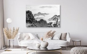 Εικόνα μιας παραδοσιακής κινέζικης ζωγραφικής τοπίων σε ασπρόμαυρο