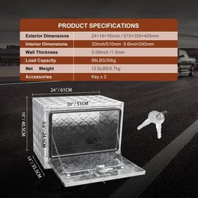 VEVOR Underbody Truck Box, 24&quot;×14&quot;×16&quot; Pickup Storage Box, Heavy Duty Aluminum Diamond Plate Tool Box with Lock and Keys, Waterproof Trailer Storage Box with T-Handle Latch for Truck, Van, Trailer