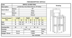 Σκαμπώ Bar Lavida Μεταλ.Φυσικό/PP Λευκό Συσκ.2τμχ 43x49x76/107cm