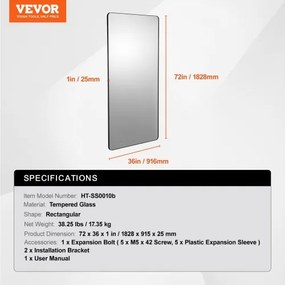 VEVOR Square Wall Mounted Mirror 36&quot; x 72&quot; Mirror with Aluminium Alloy Frame