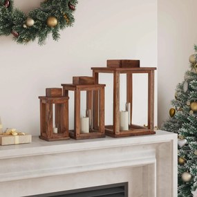 vidaXL Φανάρι 3 pcs Φυσικό Ξύλο Μαόνι