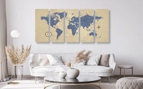 Χάρτης εικόνων 5 μερών του κόσμου με πυξίδα σε στυλ ρετρό - 100x50