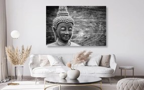 Εικόνα του αγάλματος του Βούδα σε ξύλινο φόντο σε ασπρόμαυρο σχέδιο