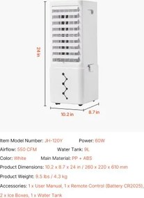 VEVOR Evaporative Air Cooler 9L 550 CFM Swamp Air Conditioner with 2 Ice Boxes