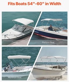 VEVOR 3 Bow Boat Bimini Tops 6 ft Long 600D Polyester Awning Canopy Light Grey