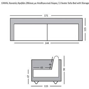 CAMAL Καναπές – Κρεβάτι με Αποθηκευτικό Χώρο, 2Θέσιος Ύφασμα Γκρι Ανοιχτό Sofa:171x115x90 Bed:144x195cm