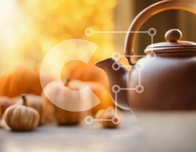 Σετ των 2 Intra Συλλεκτικό Ξύλινο Παζλ Plywood 4mm - Καφέ τσαγιέρα με κολοκύθες στο τραπέζι Σε Ξύλινο Κουτί - Διαστάσεις: 10x10 cm – 25 κομμάτια