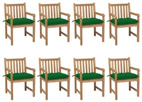 vidaXL Καρέκλες Κήπου 8 Τεμαχίων Μασίφ Ξύλο Teak με Πράσινα Μαξιλάρια