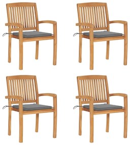 3073211 vidaXL Καρέκλες Κήπου Στοιβαζόμενες 4 τεμ. Μασίφ Ξύλο Teak &amp; Μαξιλάρια Γκρι, 1 Τεμάχιο