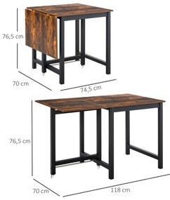 HOMCOM Πτυσσόμενο τραπέζι τραπεζαρίας, Βιομηχανικό τραπέζι, πτυσσόμενο, από μέταλλο και ξύλο, εξοικονόμηση χώρου, Καφέ