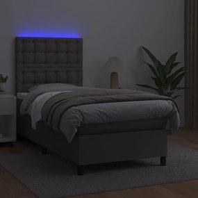 vidaXL Κρεβάτι Boxspring με Στρώμα &amp; LED Γκρι 90x190 εκ. Συνθ. Δέρμα