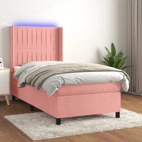 vidaXL Κρεβάτι Boxspring με Στρώμα &amp; LED Ροζ 80 x 200 εκ. Βελούδινο