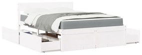Κρεβάτι με Συρτάρια+Στρώμα Λευκό 140x190 εκ. Μασίφ Ξύλο Πεύκου - Λευκό
