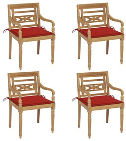 Καρέκλες Batavia 4 τεμάχια από Μασίφ Ξύλο Teak με Μαξιλάρια - Κόκκινο