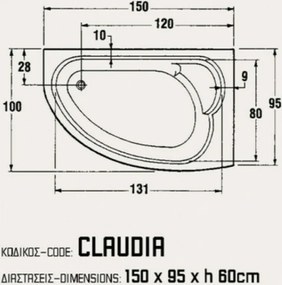 Sanitec Claudia 150x95 R - Ασύμμετρη Μπανιέρα Δεξιά Γωνία - Pneumatic Basic, Χωρίς, Χωρίς, Χωρίς