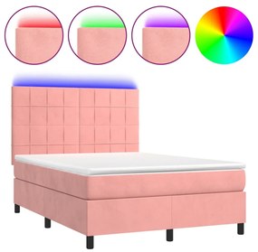 vidaXL Κρεβάτι Boxspring με Στρώμα & LED Ροζ 140x190 εκ. Βελούδινο