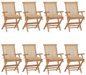 vidaXL Καρέκλες Κήπου 8 τεμ. από Μασίφ Ξύλο Teak με Μπεζ Μαξιλάρια