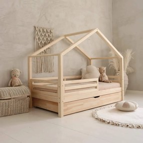 Κρεβάτι Παιδικό Montessori HouseBed Fello Plus με Αφαιρούμενα Κάγκελα 23cm  + Συρτάρι σε Φυσικό  Ξύλο  100×200cm  Luletto (Δώρο 10% έκπτωση στο Στρώμα)