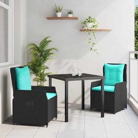 vidaXL Σέτ φαγητού για κήπο με μαξιλάρι 3 pcs Μαύρο Πολυ ράταν