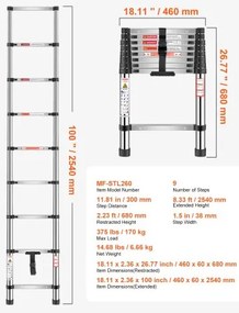 VEVOR Telescoping Ladder Stainless Steel Extension Step 8.5ft Portable Ladders