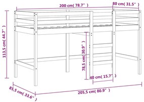 Υπερυψ. Κρεβάτι με Κουρτίνες Λευκό/Μαύρο 80x200 εκ. Μασίφ Πεύκο - Λευκό