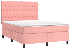vidaXL Κρεβάτι Boxspring με Στρώμα &amp; LED Ροζ 140x200 εκ. Βελούδινο