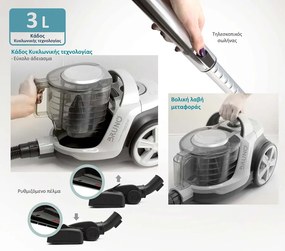 BRUNO ηλεκτρική σκούπα BRN-0137, 800W, 3lt, κυκλωνική, λευκή