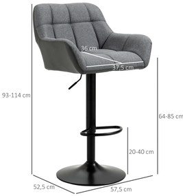 Σκαμπό μπαρ HOMCOM σετ 2 τεμαχίων, ρετρό σχεδιασμός, ρυθμιζόμενο ύψος, δερματίνη, όψη λινό, γκρι + μαύρο