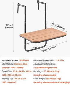VEVOR Balcony Hanging Table 25 x 24 in Patio Railing Bar Table Adjusable